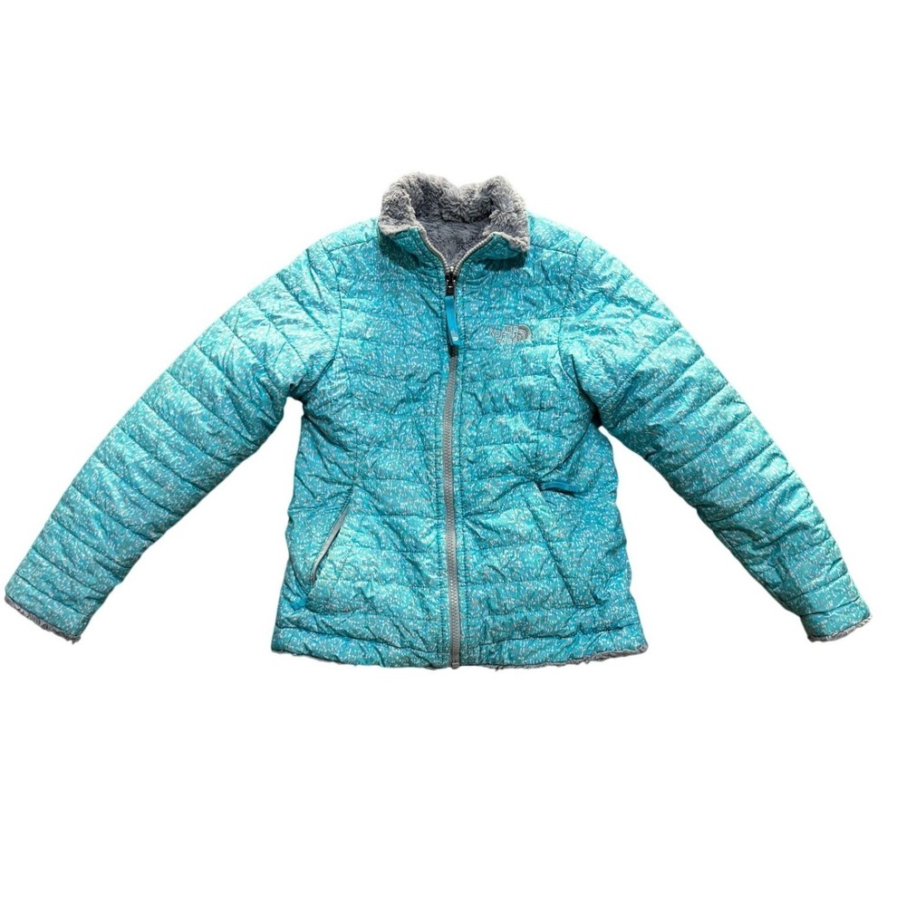 The North Face Girls Reversible Mossbud Swirl Jacket Teal Blue Puffer Small 7/8